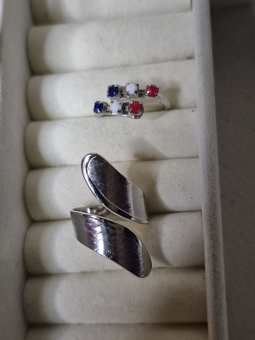 Vintage Emmons Silver-Tone Open Swirl Rings with Red, White & Blue Accent Stones
